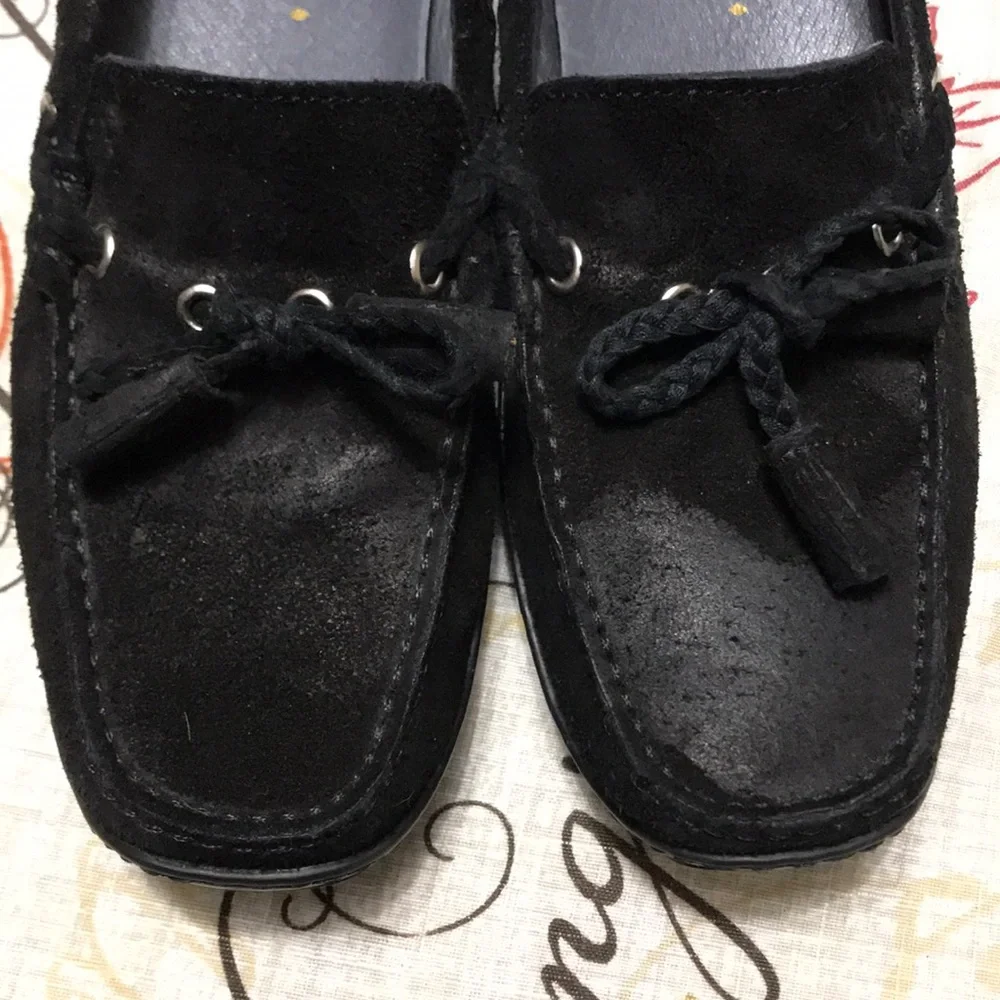 Donald J Pliner Ezara Italy Black Suede Leather Slip On Flat Boat Shoes Womens 8